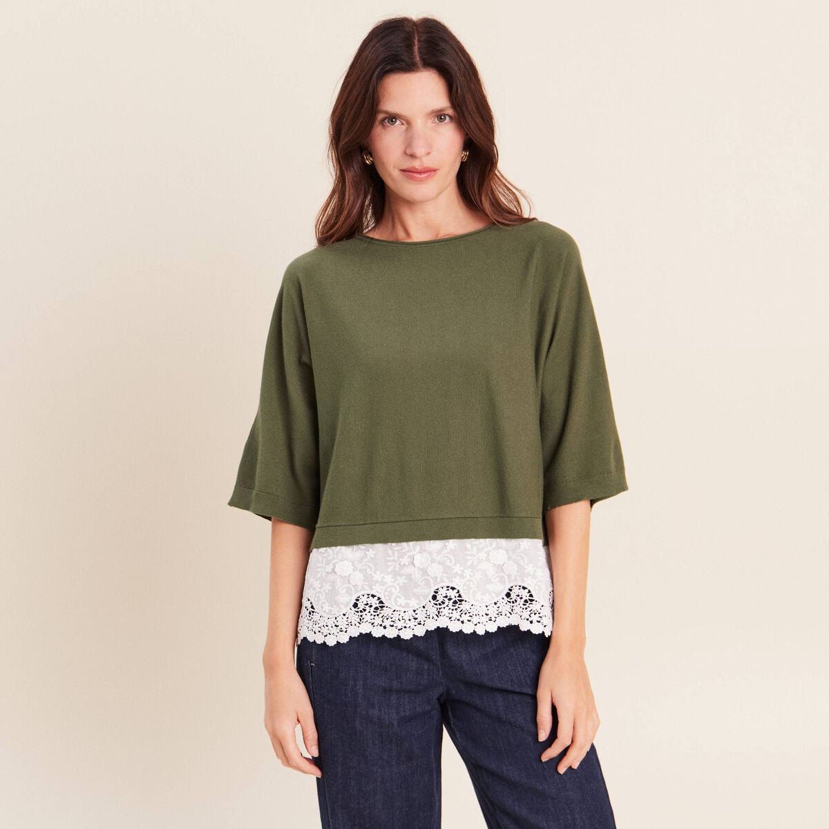 Pull bi-mati&egrave;re col bateau vert kaki femme