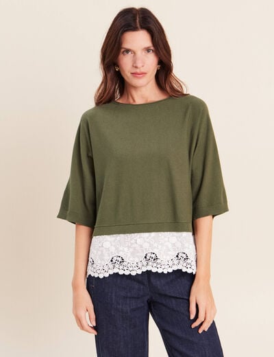Pull bi-mati&egrave;re col bateau vert kaki femme