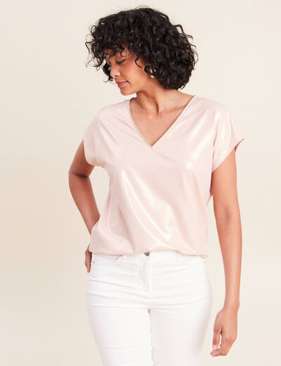 T-shirt col V manches courtes vieux rose femme