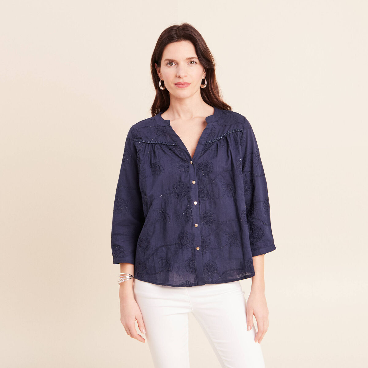 Blouse col tunisien manches 3/4 bleu marine femme