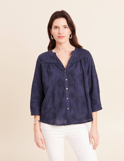 Blouse col tunisien manches 3/4 bleu marine femme