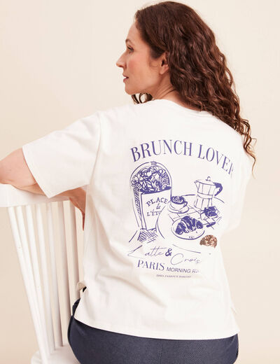 T-shirt avec print et broderie sequins ecru femme