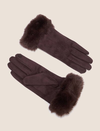 Gants en fausse fourrure marron fonc&eacute; femme