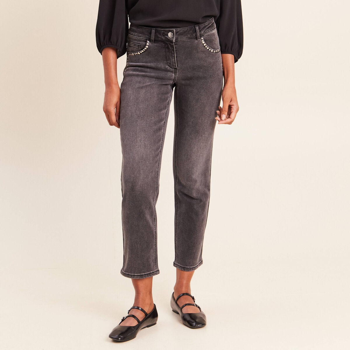 Jean droit 7/8&egrave;me taille bascul&eacute;e denim gris femme