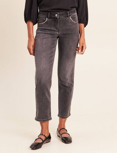Jean droit 7/8&egrave;me taille bascul&eacute;e denim gris femme