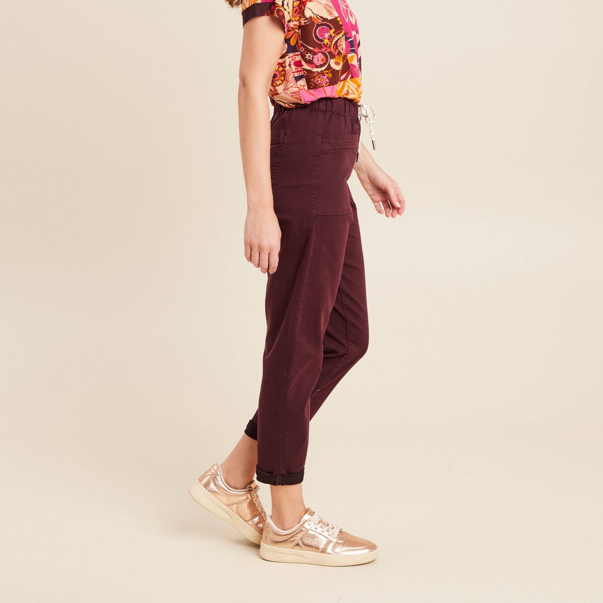 Pantalon coupe droite à coulisse bordeaux femme