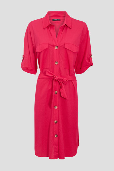 Robe boutonnée à manches courtes rose fushia femme