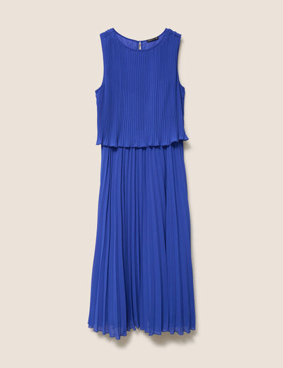 Robe longue &eacute;vas&eacute;e pliss&eacute;e sans manches bleu fonc&eacute; femme