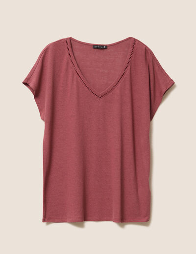 T-shirt col v manches courtes aspect lin vieux rose femme
