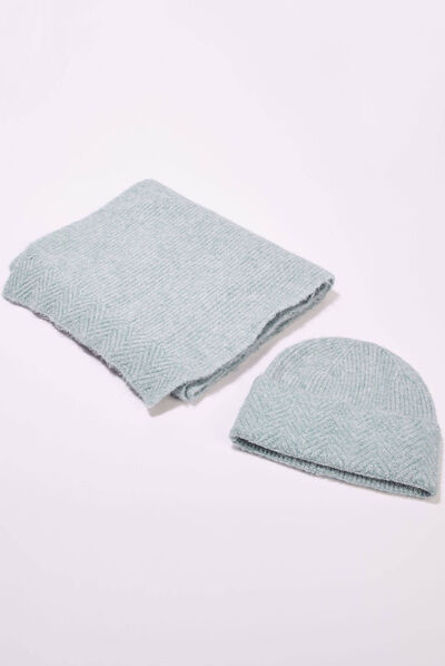 Lot bonnet et écharpe bleu canard femme