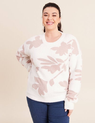 Pull col rond manches longues beige femme