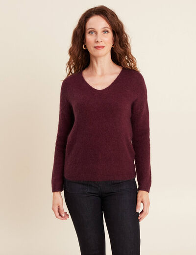 Pull col v bordeaux femme