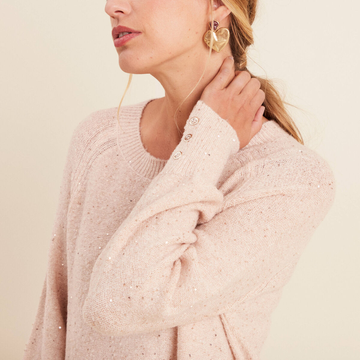 Pull col rond manches longues &agrave; sequins rose poudr&eacute;e femme
