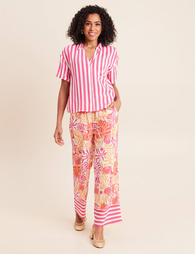 Pantalon fluide et large taille haute rose corail femme