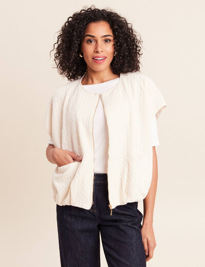 Veste col rond manches courtes doubl&eacute;e ecru femme