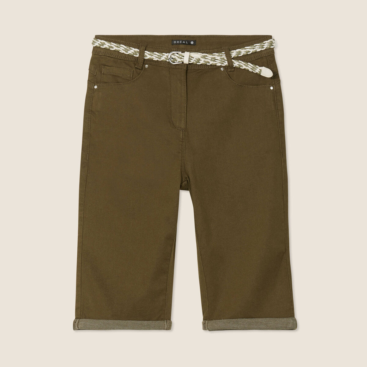 Bermuda ajusté ceinturé vert olive femme