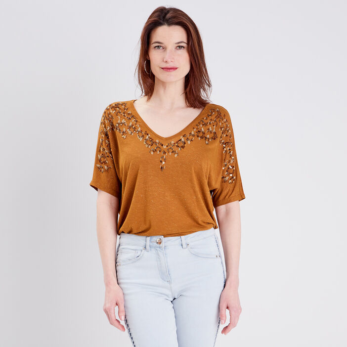 T-shirt manches courtes marron femme