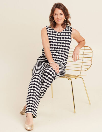 Pantalon large taille haute bleu marine femme
