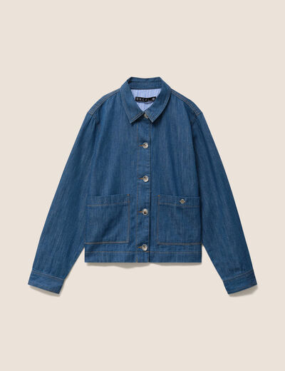 Veste courte droite manches longues denim stone femme