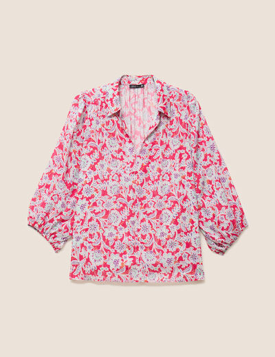 Blouse ample col chemise manches 3/4 rose femme