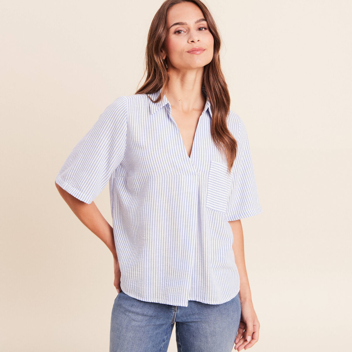 Blouse ample col chemise manches courtes bleu femme