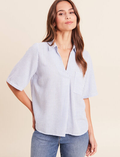Blouse ample col chemise manches courtes bleu femme