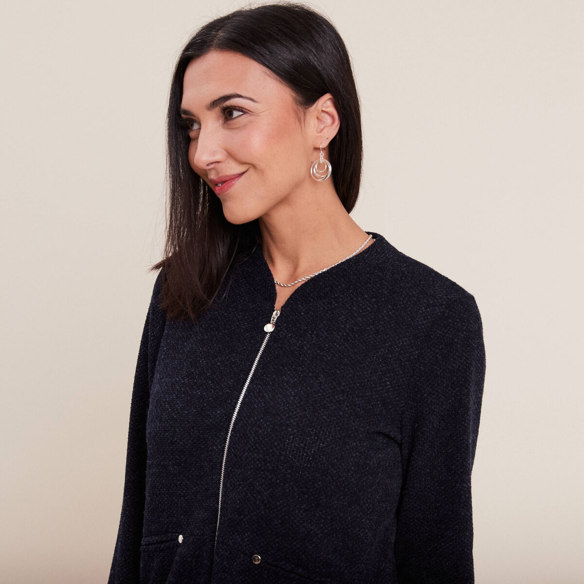 Gilet manches longues zippé bleu marine femme