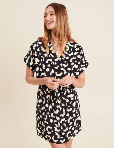 Robe droite courte col V manches courtes noir femme