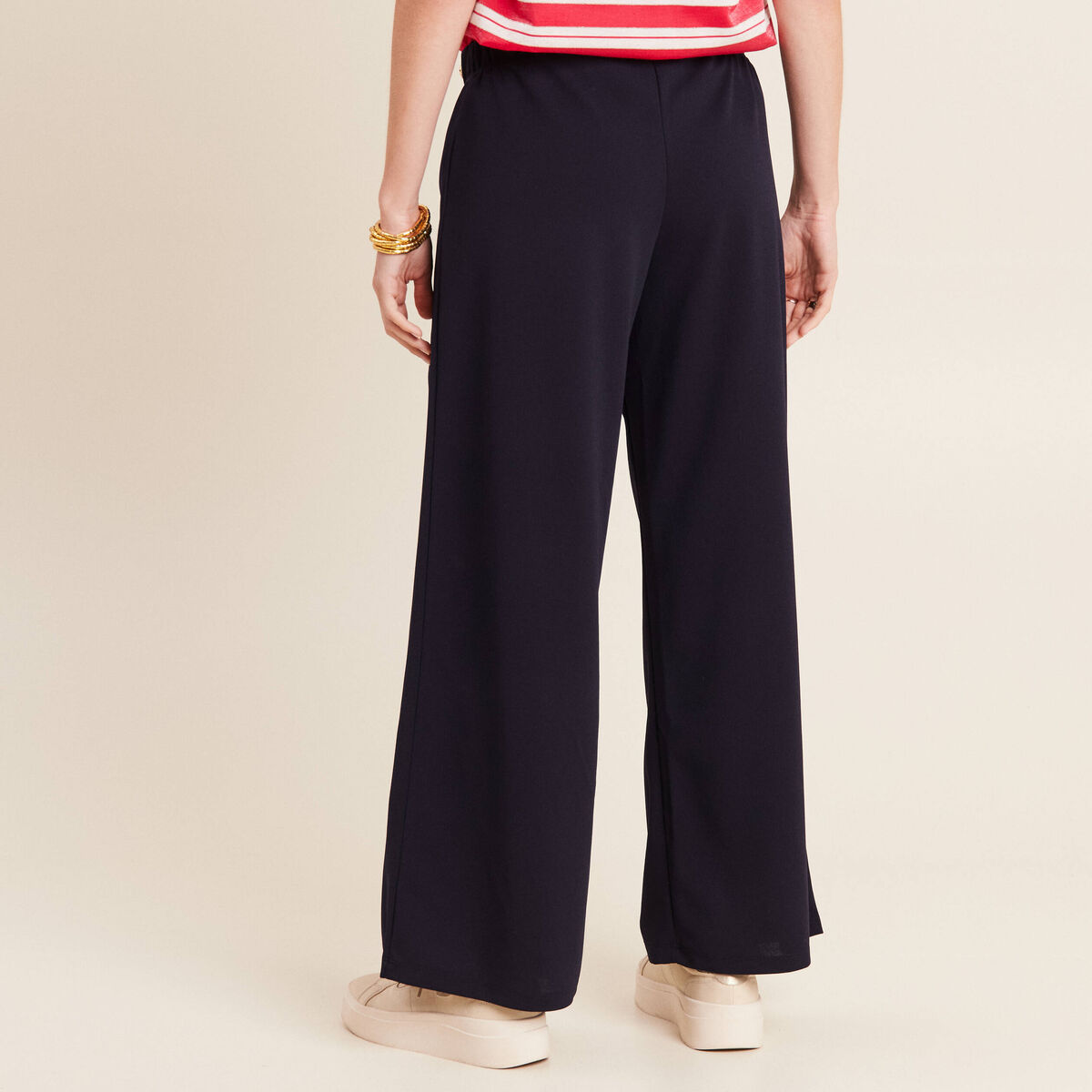 Pantalon coupe large &agrave; pont bleu fonc&eacute; femme