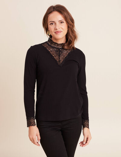 T-shirt cintr&eacute; col montant dentelle noir femme