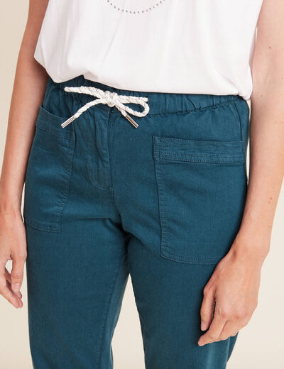 Pantalon coupe droite à coulisse bleu canard femme