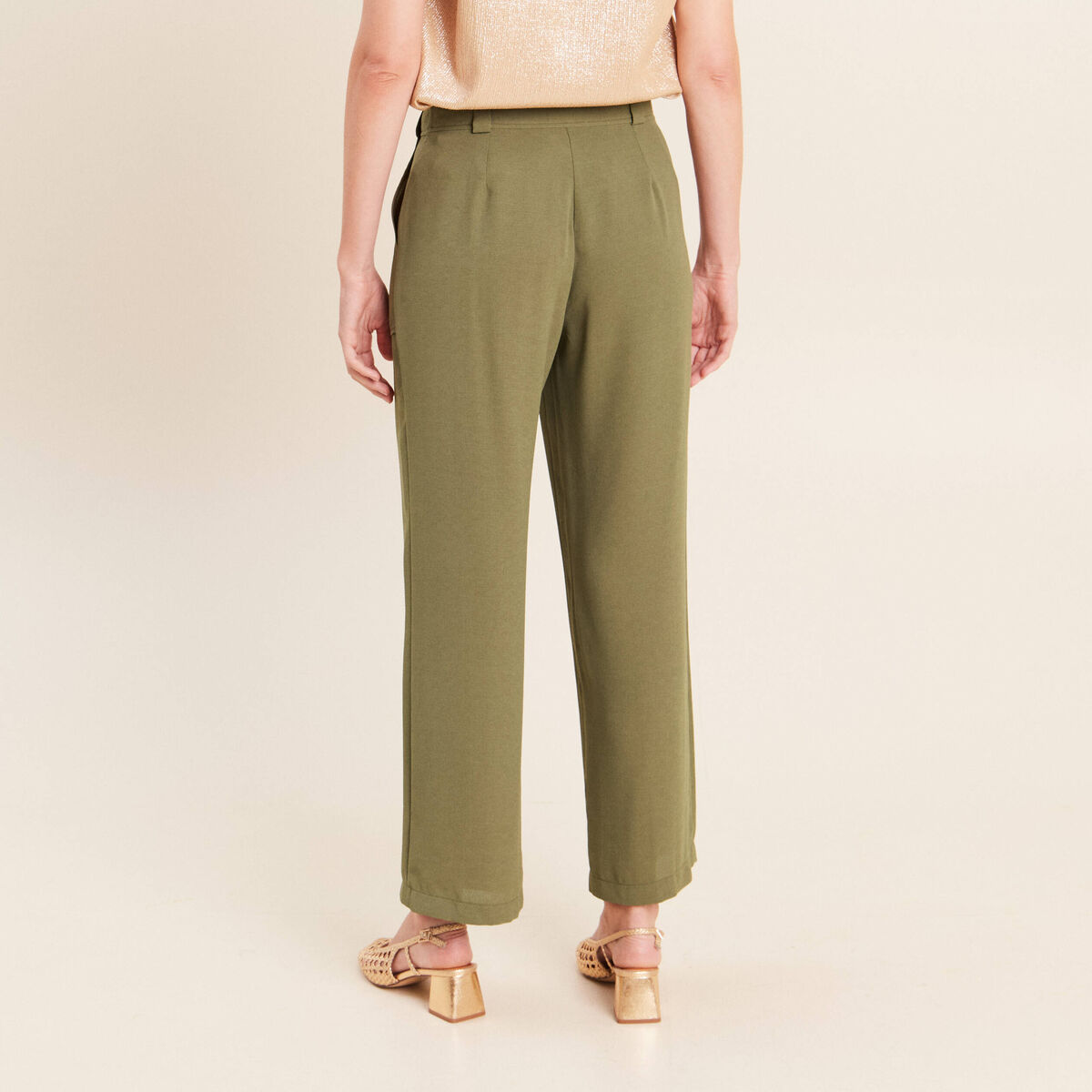 Pantalon large 7/8&egrave;me taille haute vert kaki femme