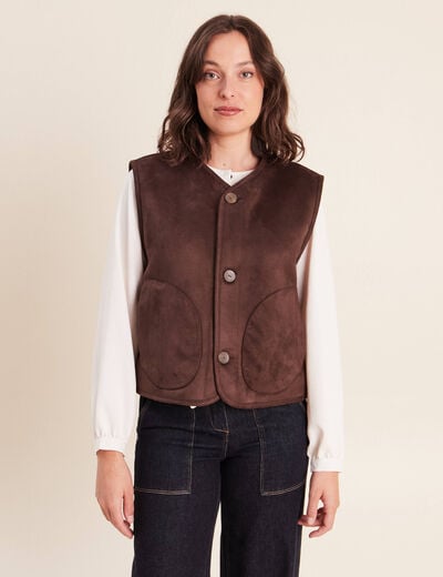 Veste r&eacute;versible duveteuse marron fonc&eacute; femme