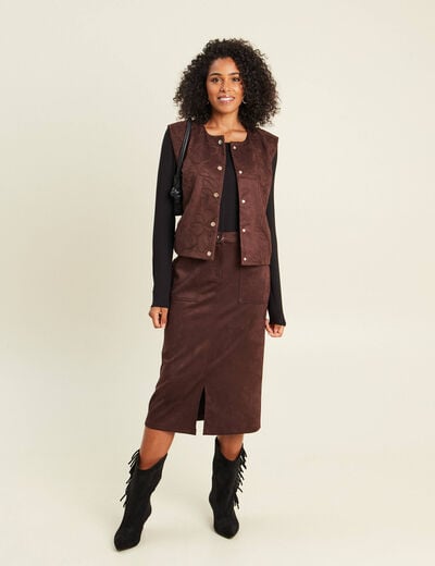 Veste sans manches doubl&eacute;e marron fonc&eacute; femme