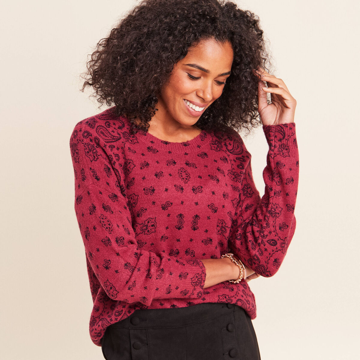 Pull col rond bordeaux femme