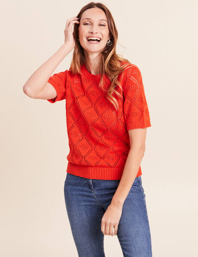 Pull droit court manches courtes orange fonc&eacute; femme