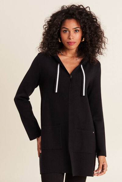 Gilet long à capuche noir femme