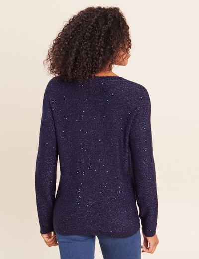 Pull col v manches longues &agrave; sequins bleu marine femme