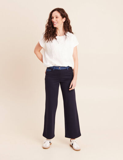 Pantalon large bi-mati&egrave;re bleu fonc&eacute; femme