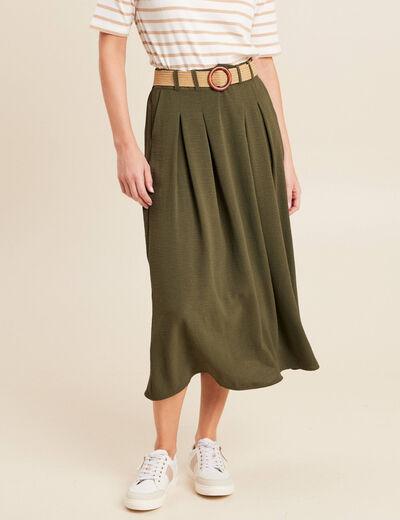 Jupe longue évasée ceinturée vert kaki femme