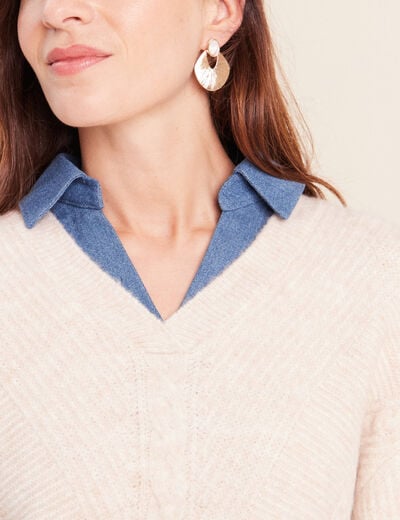 Pull bi-mati&egrave;re col chemise ecru femme