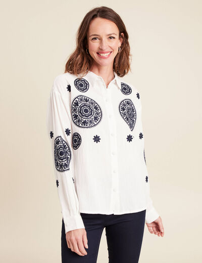 chemise en coton brodée manches longues ecru femme