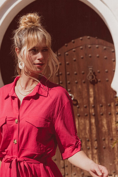Robe boutonnée à manches courtes rose fushia femme