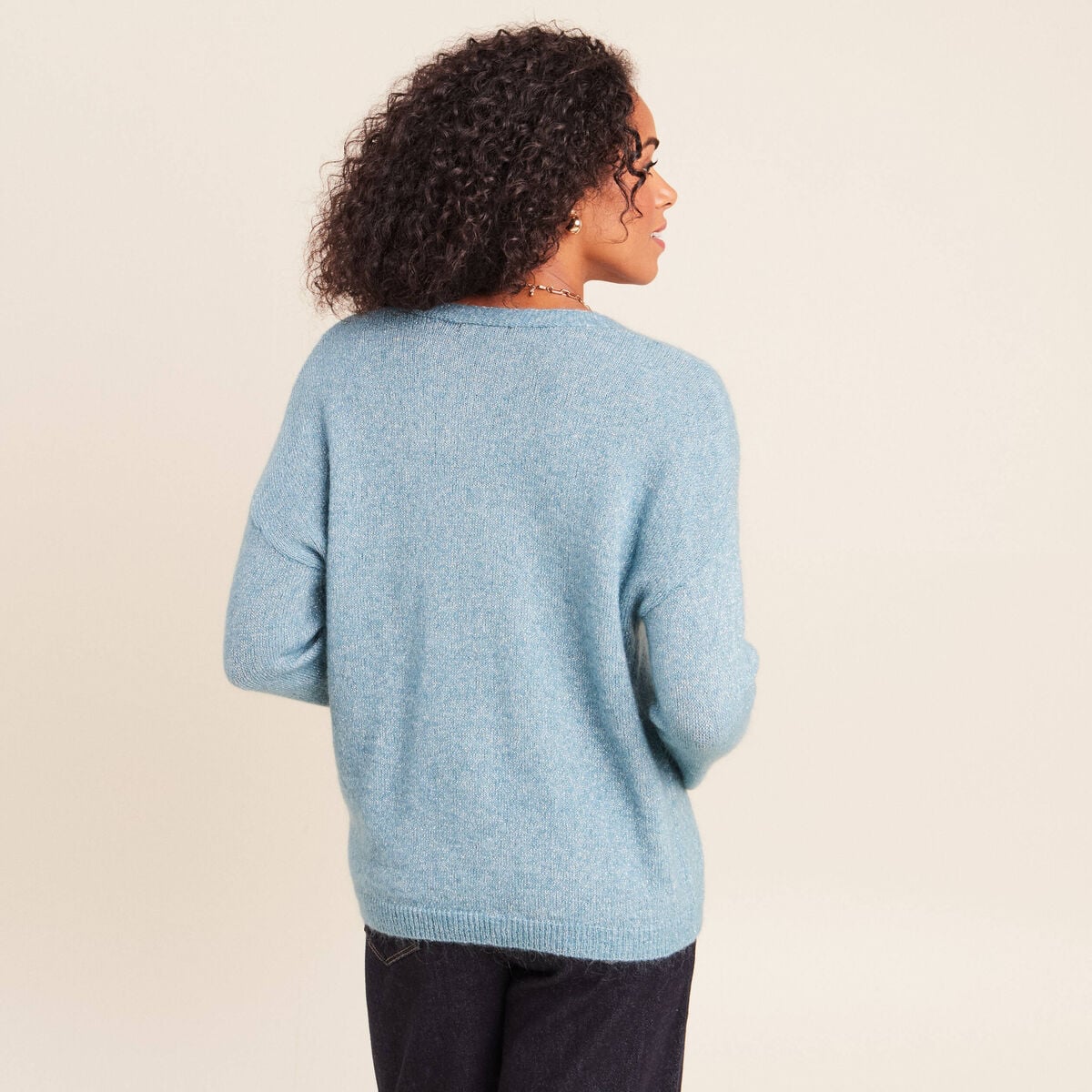 Pull col v bleu p&eacute;trole femme