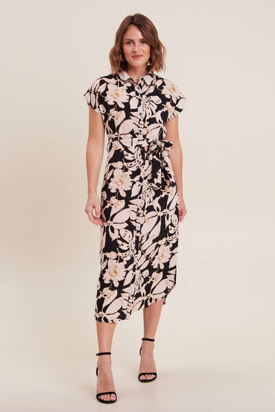 Robe midi droite ceinturée noir femme