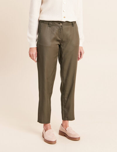 Pantalon coupe chino 7/8&egrave;me effet enduit vert kaki femme