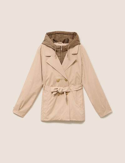 Trench cintr&eacute; court &agrave; capuche doubl&eacute; beige femme