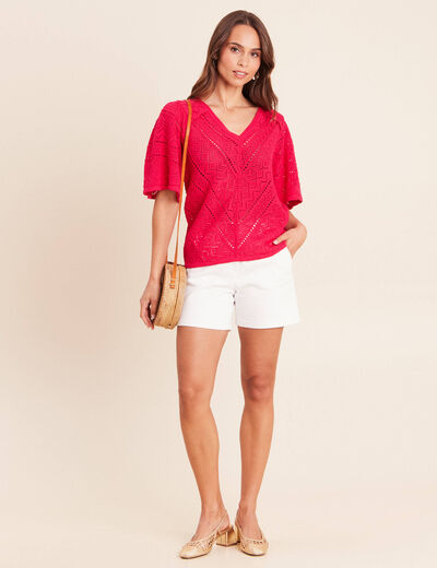 Pull ajour&eacute; col v manches courtes rose fushia femme