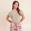T-shirt col v manches courtes aspect lin vert clair femme