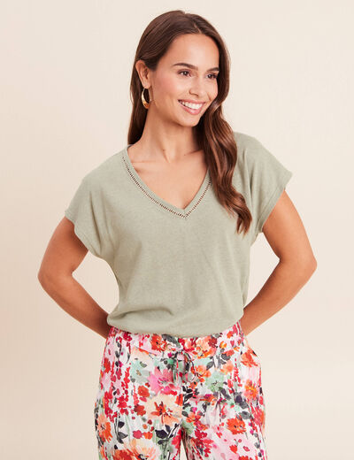 T-shirt col v manches courtes aspect lin vert clair femme